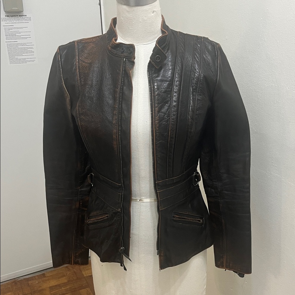 Jill Stuart Dark Leather Jacket with Subtle Brown Details